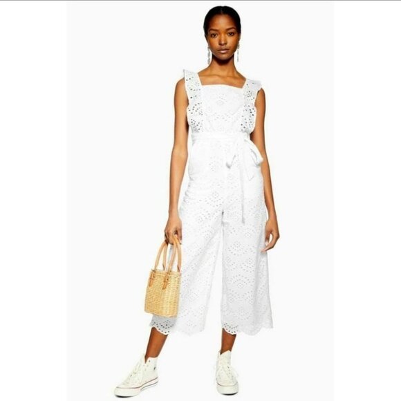 TopShop Broderie Anglaise white ruffle jumpsuit waist tie  laser cutout floral 4 - Picture 1 of 16
